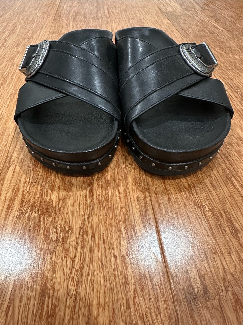 Frye Black Cross-Strap Slide Sandals